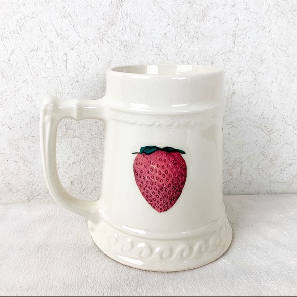 Vintage Pottery Beer Stein Mug Strawberry Fruit Retro Farmhouse Cottagecore